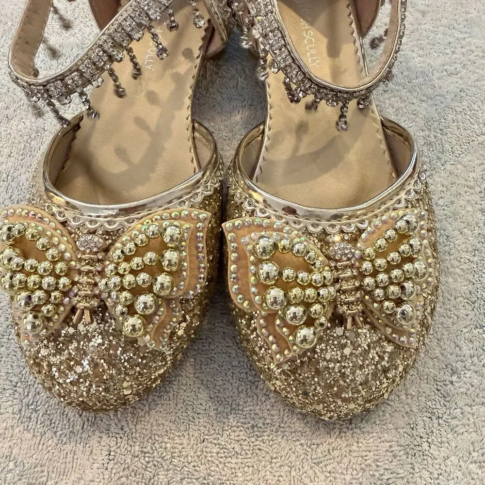Trish Scully Gold Girls Shoes 4 Heels Butterfly Rhinestone Bling Formal Dance 36